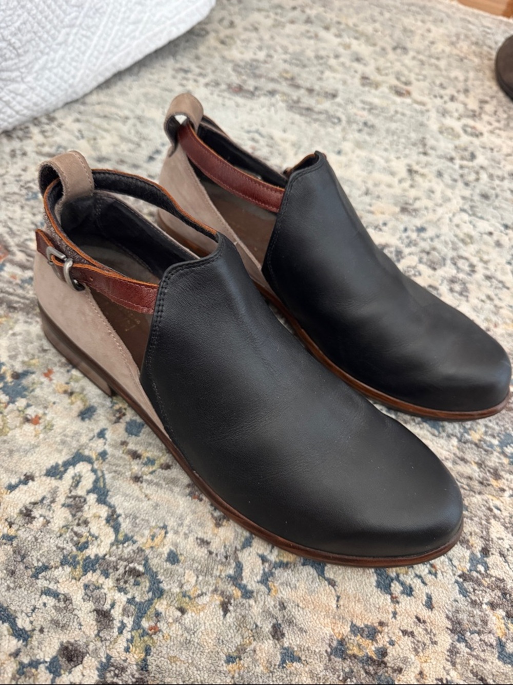 Naot Black and Taupe Leather Slip-On Loafers